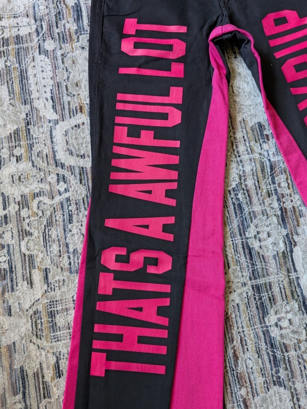 That's A Awful Lot Of Cough Syrup Denim Contrast Flare Pants Black Pink Size 34 - Picture 6 of 9